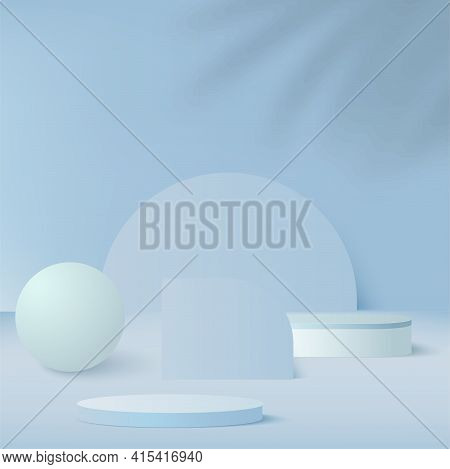 Abstract Background With Blue Color Geometric 3D Podiums. Vector Illustration
