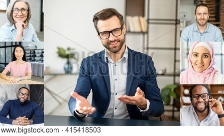 Confident Male Business Coach Holding Online Webinar, A Group Of Diverse People Involved. Online Vid