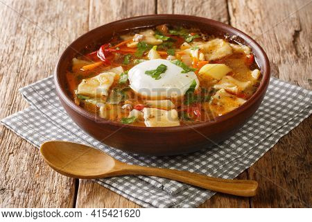 Delicious Pancutras Or Pantrucas Soup With Vegetables, Ground Beef, Noodles And Poached Egg Close-up