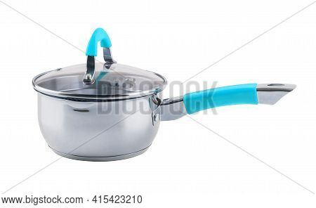 Small Shiny Stainless Steel Pot With Cyan Blue Handle And Glass Lid - Isolated On White