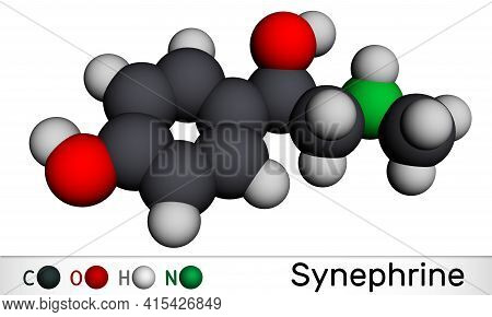 Synephrine, P-synephrine Molecule. It Is Phenethylamine Alkaloid. Molecular Model. 3d Rendering. Ill
