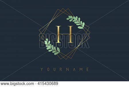 Golden Letter H Logo With Golden Square Frames And Green Leaf Design. Creative Vector Illustration W