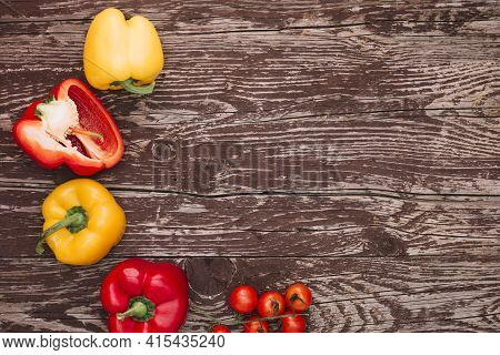 Red Yellow Bell Peppers Cherry Tomatoes Wooden Desk . High Quality And Resolution Beautiful Photo Co