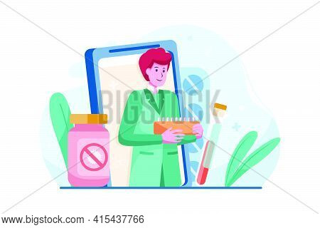 Doctor Epidemiologist On Mobile Screen Holding Blood Sample Test Illustration Concept. Flat Illustra