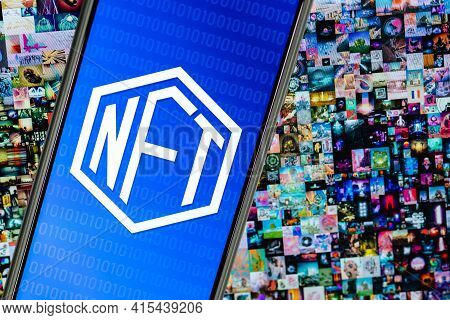 Kazan, Russia - April 03, 2021: Nft (non-fungible Token) Symbol On Screen Smartphone. On Background 