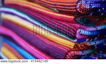 Colorful Mexican Wool Serape Blankets Texture. Woven Ornamental Vivid Textile With Authentic Latin A
