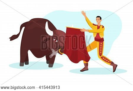 Bullfighting Spanish Corrida Composition Arena With Fearless Character Of Toreador And Mad Bull. Fla
