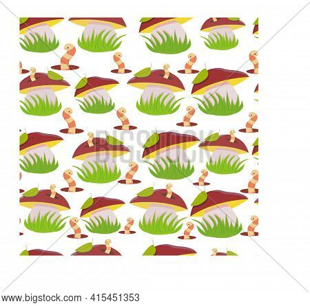 Seamless Pattern With Mushrooms And Worms. Forest Pattern. Stock Vector Illustration Isolated On Whi