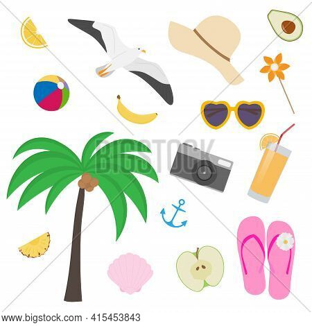 Summer Seaside Beach Collection With Isolated Vector Objects - Palm, Camera, Cocktail, Seagull, Anch