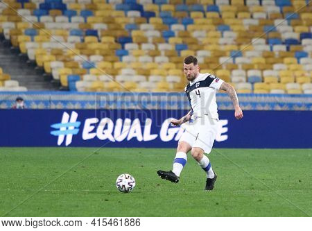 Kyiv, Ukraine - March 28, 2021: Joona Toivio Of Finland Kicks A Ball During The Fifa World Cup 2022 