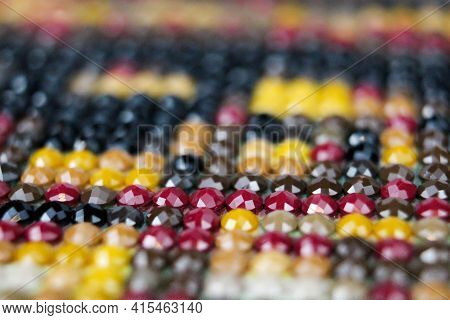 Closeup On Colorful Mix Of Round Drill Beads For Diamond Painting. Multicolored Rainbow Of Shiny Bea