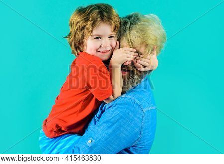 Happy Fathers Day. Dad Hugs With Son. Family Time. Good Relationships. Parentship Concept.
