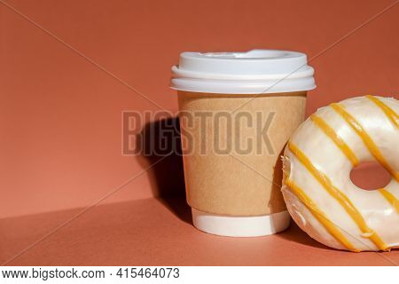 Coffee Time Concept. Coffee To Go And Donut. Coffee Container Mockup And Sweet Dessert.