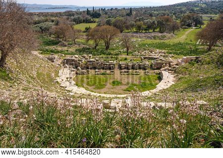 Seferihisar, Izmir, Turkey - 03.08.2021: High Angle View Of Ancient Historical Teos Theater With Ste