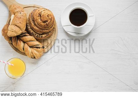Juice Coffee Near Buns . High Quality And Resolution Beautiful Photo Concept