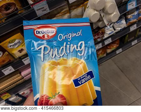 Belgrade, Serbia - March 30, 2021: Dr. Oetker Logo On A Pack Of Instant Pudding For Sale In Belgrade