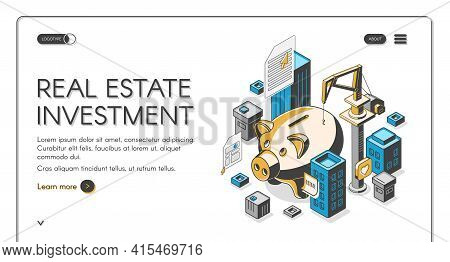 Real Estate Investment Isometric Landing Page, Huge Piggy Bank Surrounded With Skyscrapers And Build
