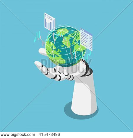 Flat 3d Isometric Ai Artificial Intelligence Analysis Stock Market Data Around The World. Ai Machine