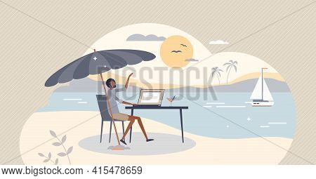 Workcation, Work And Vacation At Remote Leisure Location Tiny Person Concept