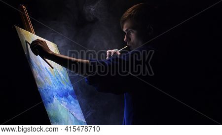 Artist Copyist Paint Seascape With Ship In Ocean. Vaper Smoke Vape E-cigarette. Craftsman Decorator 