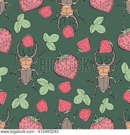 Insect Seamless Pattern With Stug Beetle And Strawberries. Vector Illustration.