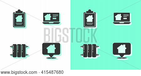 Set Location With House, House Contract, Heating Radiator And Online Real Estate Icon. Vector