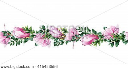 Magnolia Flower And Leaf Seamless Border. Watercolor Illustration. Tender Pink Magnolia Blossom And 