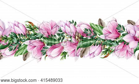 Magnolia Flower And Leaf Seamless Border. Watercolor Illustration. Realistic Elegant Seamless Border