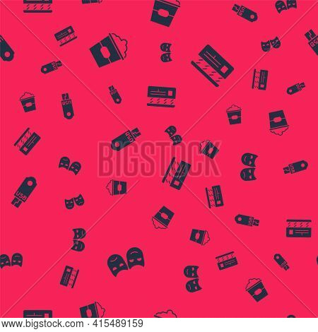 Set Comedy And Tragedy Masks, Popcorn In Box, Usb Flash Drive And Movie Clapper On Seamless Pattern.