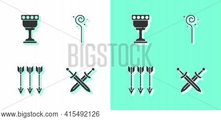 Set Crossed Medieval Sword, Medieval Goblet, Arrows And Magic Staff Icon. Vector