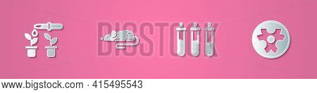Set Paper Cut Pipette And Plant, Experimental Mouse, Reagent Bottle And Biohazard Symbol Icon. Paper