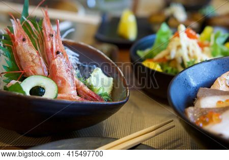 Amaebi, Sweet Shrimp Or Spot Prawns, Served On Ice With Slice Of Japanese Cucumber, Green Tosaka Nor