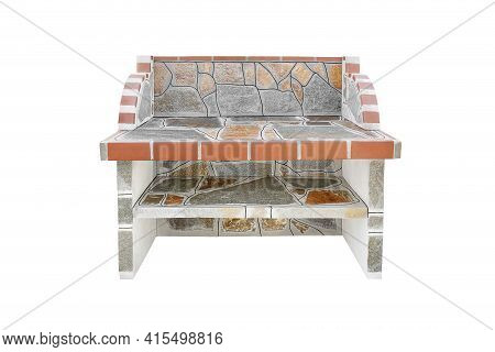 Large Stone Gray Worktop With Shelf, Unused Stone Garden Countertop Isolated On A White Background.