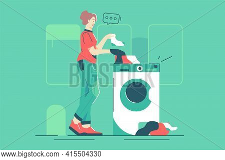 Woman Standing Near Washing Machine Vector Illustration. Female Put Dirty Socks In Washing Machine F