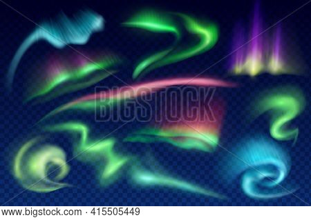 Northern Lights On Transparent Background. Realistic Vector Aurora Borealis, Polar And Southern Ligh