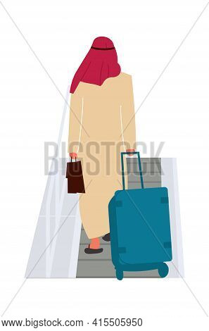 Arab Man In Airport. Passenger Walks With Baggage. Back View Of Arabian Male On Escalator In Departu