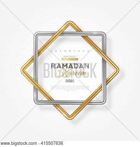 Ramadan Kareem Concept Poster, Typography Template. Eight Point Star Shape Frame, 3d Gold And Silver