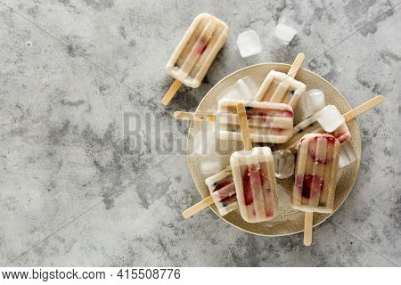 Healthy Homemade Popsicle Loly Ice Creams With Strawberries, Blueberries And Bananas. Summer Snack.