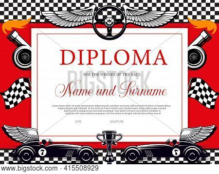 Winner Of The Race Diploma Certificate Vector Template With Racing Cars And Flags. Motor Sport Achie