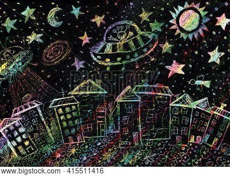 Grattage Children Drawing. Hand Drawn Flight Of The Rocket And Astronaut With Alien In The Universe 
