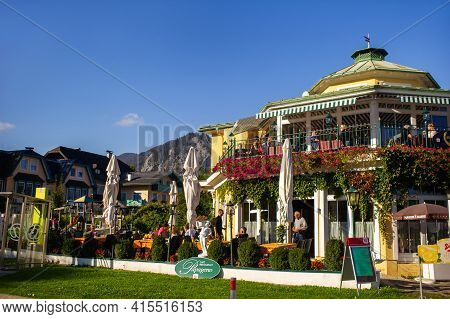 October 8, 2018.salzkammergut, Austria. Pap Geno Cafe In The City Center In The Salzkammergut Alps