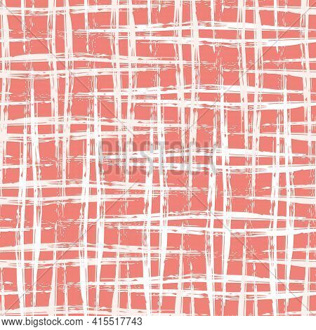 Vector Burlap Effect Seamless Pattern Background. Red White Coarse Hessian Fibre Texture Fabric Styl