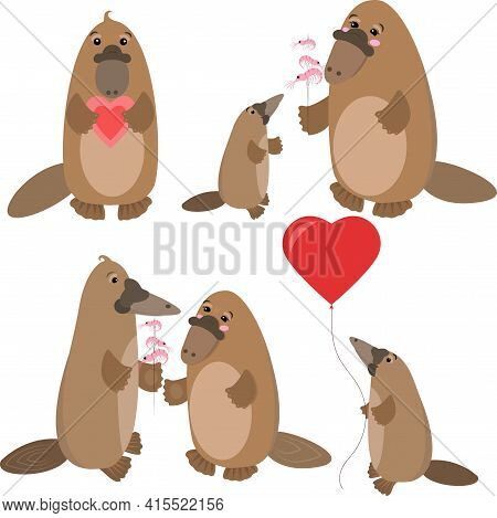 Set Of Cute Vector Cartoon Cute Platypuses