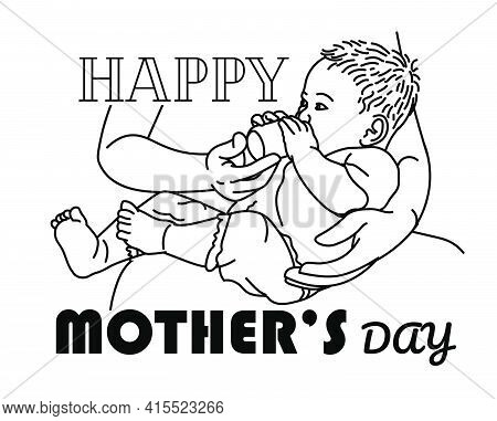 Drawing Of Mother's Hand Holding And Feeding Baby From Milk Bottle.