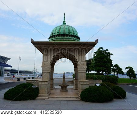 Kanagawa Prefecture  Japan - Sept 12, 2019: The Indian Water Fountain. Yamashita Park Public Park In