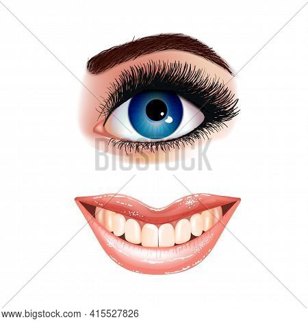 Set Of Beautiful Female Blue Eye With Extended Eyelashes And Shining Mouth With Glossy Lips. Smling 