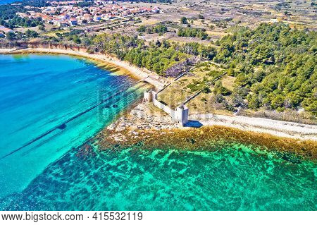 Island Of Vir Waterfront And Fortress Ruins Aerial View, Dalmatia Region Of Croatia