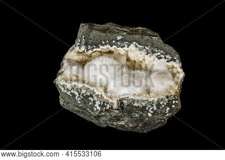 Macro Stone Stilbite Mineral On White Black Close Up