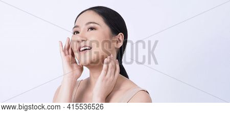 Beauty Skin. Makeup Concept. Young Pretty Woman Black Hair And Beauty Face