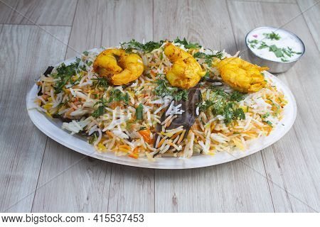 Prawn Or Shrimp Biryani In A Wooden Background, Selective Focus